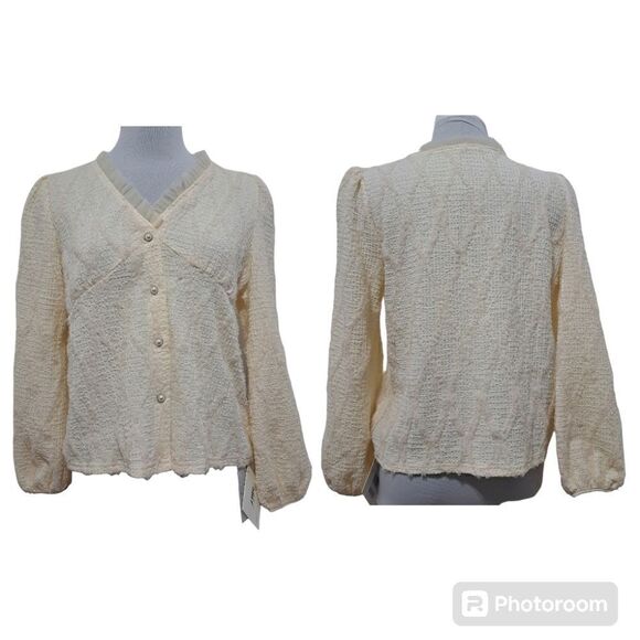 J. ING Korean Style Lace Trim V Neck Button Front Blouse Small/Medium Cream NWT - Picture 1 of 16